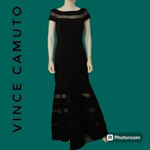 VINCE CAMUTO Black Illusion Sheer Mesh Stripe Trumpet Formal Ballroom Dress